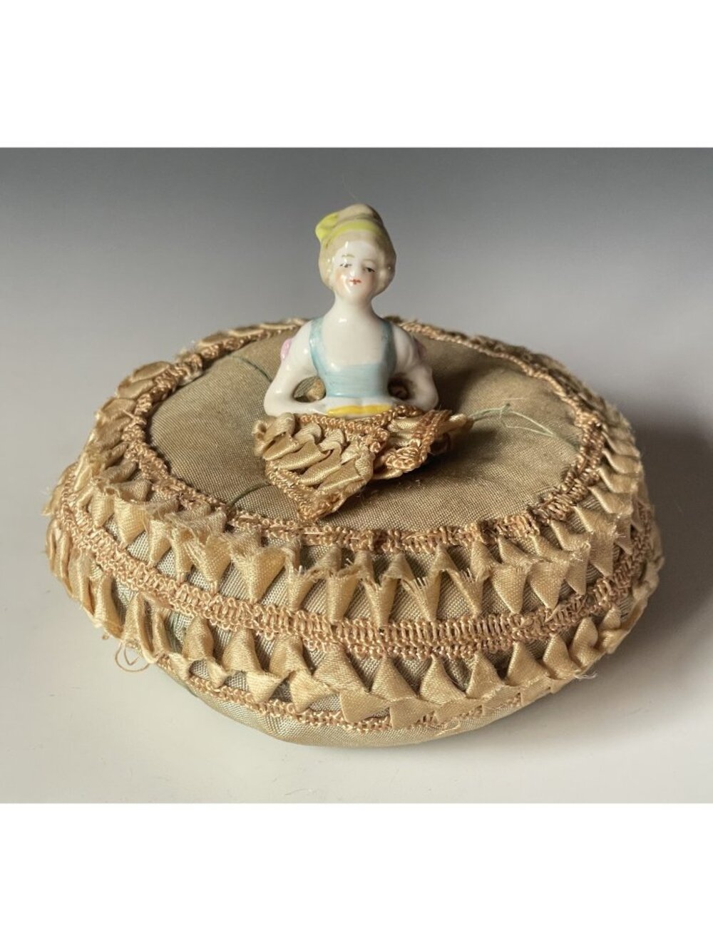 Antique Germany Half Doll Sewing Pin Cushion Porcelain Doll Dress Victorian